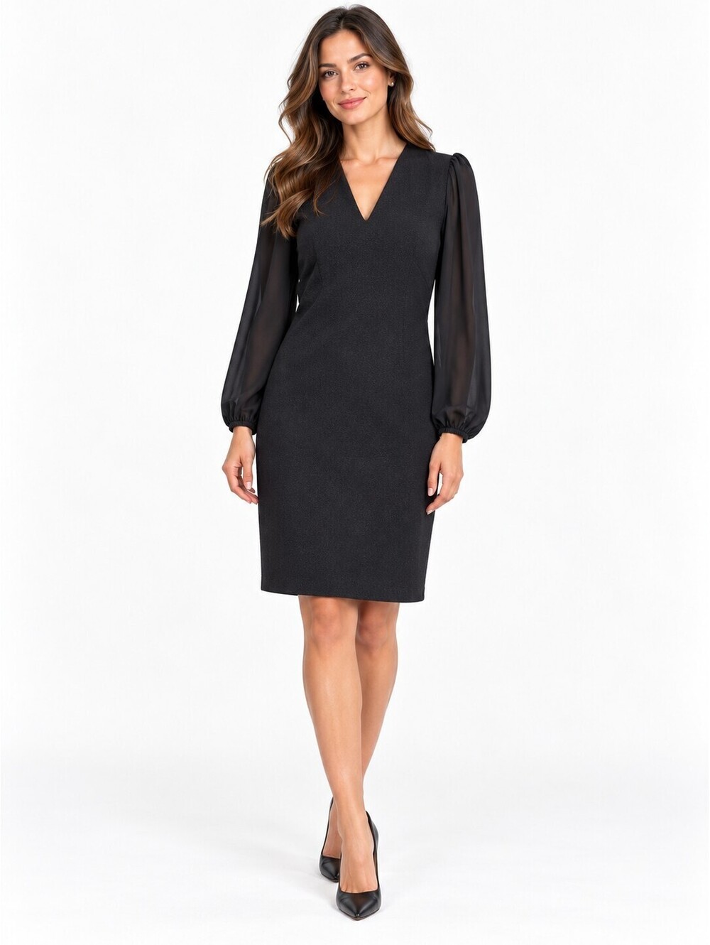 Vince Camuto Black Sheath Dress Size 4 Sheer Long Sleeve V Neck Cocktail